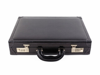 Closed black leather briefcase on white background