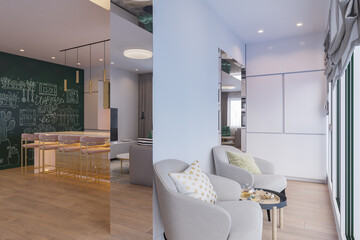 3D render of a kitchen coffee zone with day natural lighting