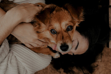 Girl holding adorable adopted dog on top of her legs
