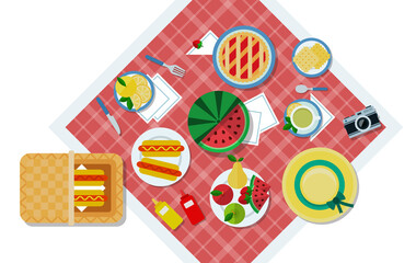 Vector illustration of a picnic in the park top view illustration in a flat design.