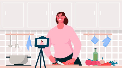 Food blogger. Chef cooking, recording video using camera. Online video channel, stream. Woman teaches cooking new recipe. Video tutorial, culinary show, vlog. Flat cartoon vector illustration.
