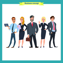 Business team. A group of people dressed in strict suit. Vector illustration in a flat style. business teamwork.isolated vector on a white.People character different nationalities.flat cartoon