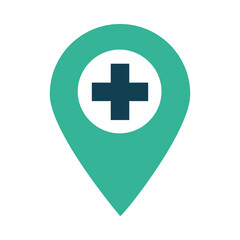 location pin with medical cross icon, flat style