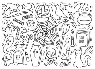 Hand drawn halloween occult attributes icon set.