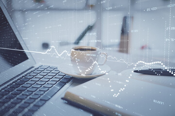 Double exposure of financial chart drawing and desktop with coffee and items on table background. Concept of forex market trading