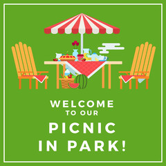 Image of a picnic in the park with text on a green background illustration in a flat design.
