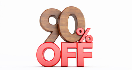 90% off. wooden ninety percent. wooden ninety percent on white background. 3D render.