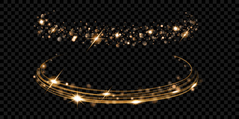 Glowing fire rings with glitter in gold colors on transparent background. Light effects. Transparency only in vector format