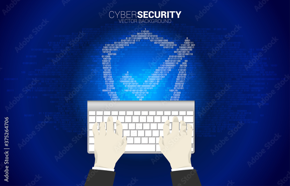 Poster Businessman hand type on keyboard with Protection shield icon from one and zero binary code digit matrix style. concept of guard security and safety