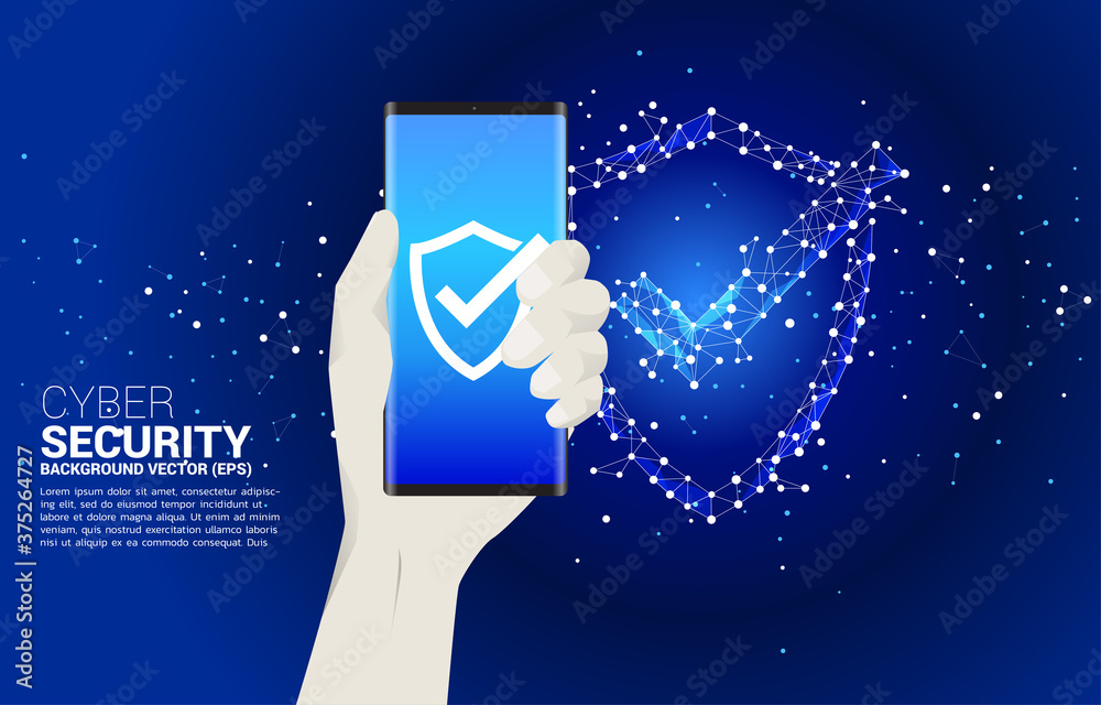 Poster Mobile phone in hand with Protection shield icon from dot connect line polygon network. concept of guard security and safety
