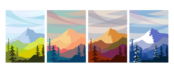 Vector set of seasons illustrations. Spring, summer, autumn, winter - landscapes with mountains in a flat style. Hills, trees and clouds. Vector horizontal background	
