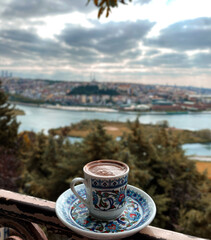 Turkish coffee. a cup of Turkish coffee with a view of Istanbul in autumn. close up of a coffee cup with a cool view.