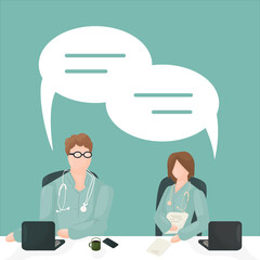 vector characters doctors, medical workers in green clothes, one person with laptop, another person with notebook on grean or blue background, they have dialogue meeting with dialog boxes