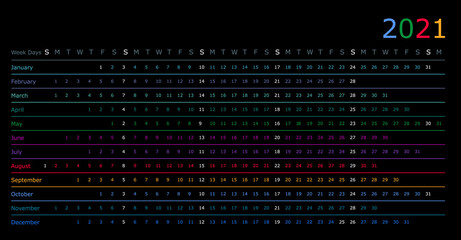 Calendar year 2021 horizontal vector design template