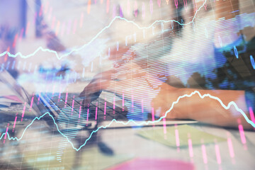 Multi exposure of woman hands typing on computer and financial graph hologram drawing. Stock market analysis concept.