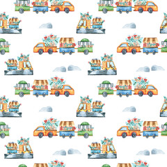 Watercolor Christmas seamless pattern with Christmas tree, truck, snow. Endless pattern will be perfect for scrapbook paper, wrapping paper, packaging, fabric, textile, web design on white background