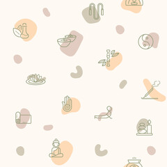 Seamless pattern on the theme of yoga, spa, wellness, pose, beauty, peace, therapy, candle, healthy, massage, relax, lotus and more. simple color icons on beige background.