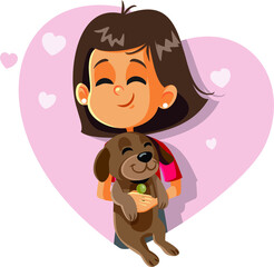 Happy Girl Holding a Puppy Vector Cartoon