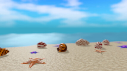 Fototapeta na wymiar Mixed species of seashell and star fish on a beach (3D Rendering)