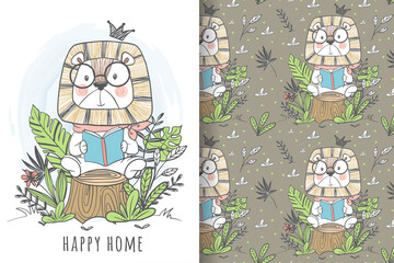 cute lion king reading book in the jungle seamless pattern