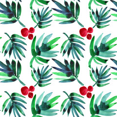 Seamless pattern watercolor hand-drawn abstract blue branch fir and red berries on white background. Creative naive art object for card, wallpaper, celebration, ornament, wrapping, decor