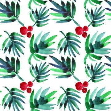 Seamless pattern watercolor hand-drawn abstract blue branch fir and red berries on white background. Creative naive art object for card, wallpaper, celebration, ornament, wrapping, decor