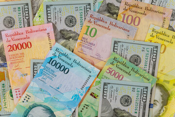 Fototapeta na wymiar Venezuelan Bolivar banknote with paper currency bills.