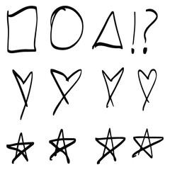 Roughly hand drawn, handmade elements. Set of hearts, stars and arrows EPS Vector