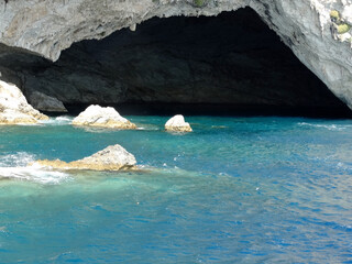 Landscape of blue sea cave in Ionian islands in Ionian sea in the western Greece in summer season....