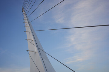 Fototapeta premium Architectural details of the Sundial Bridge at Turtle Bay in Redding, California, at dusk.