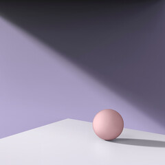 a pink sphere with a lighted purple background and a white floor.