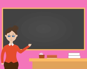 Illustration vector design of teacher is teaching in the class room with blank space on the black board. It is also suitable for teacher's day for filling the quotes.