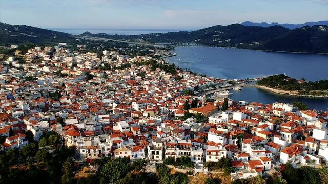 Aerial panoramic view over Chora town in Skiathos island, Sporades, Magnesia, Greece