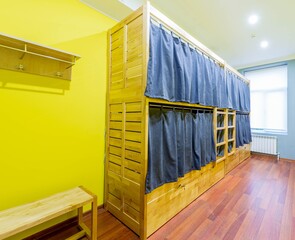 The hostel dormitory beds arranged in room