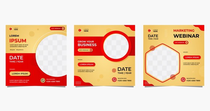 Social media post template, Business webinar. Collection of webinar vector graphics, cream and red background