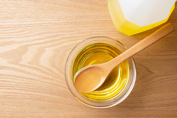Vegetable oil on the table.