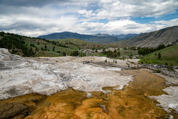 Fototapeta na wymiar Top down view looking at the network of hiking boardwalks of Mammoth Hot Springs in Yellowstone National Park