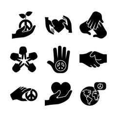 icon set of peace and hands, silhouette style