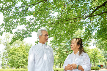 木漏れ日の下のシニア男性とシニア女性の老夫婦　緑バック　終活