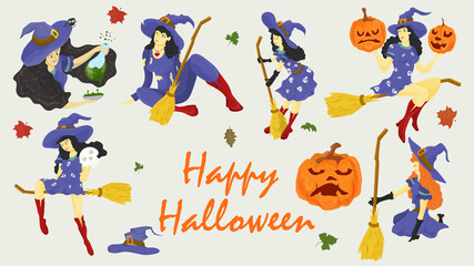 Vector set of illustrations for decoration design all saints eve Halloween witches in different poses flat style