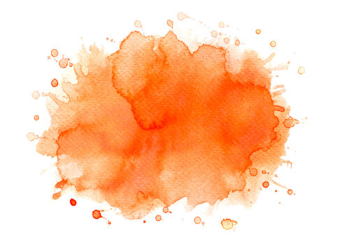 orange watercolor paint of splashes on white paper.