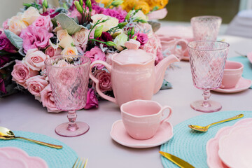 Close up of pink kitchen ware for girly brunch