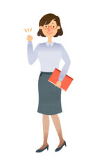 書類を持ちながらガッツポーズをするスーツ姿のメガネの女性