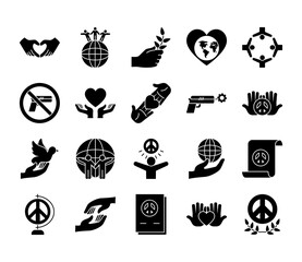 icon set of peace and dove, silhouette style