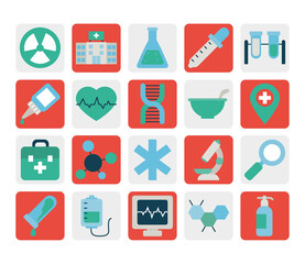 cardio heart and vaccine icon set, flat style