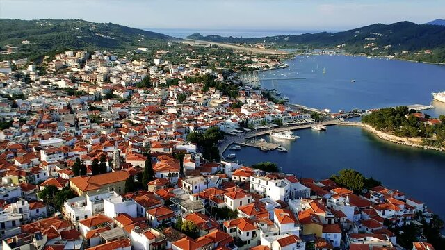 Aerial panoramic view over Chora town in Skiathos island, Sporades, Magnesia, Greece