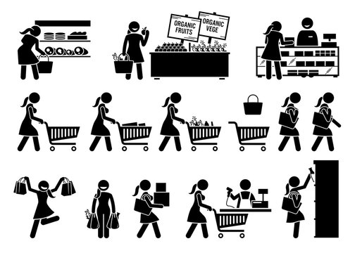Woman buying meat, fruits, and vegetables at grocery store stick figure icons. Vector illustrations of girl choosing healthy foods at marketplace.