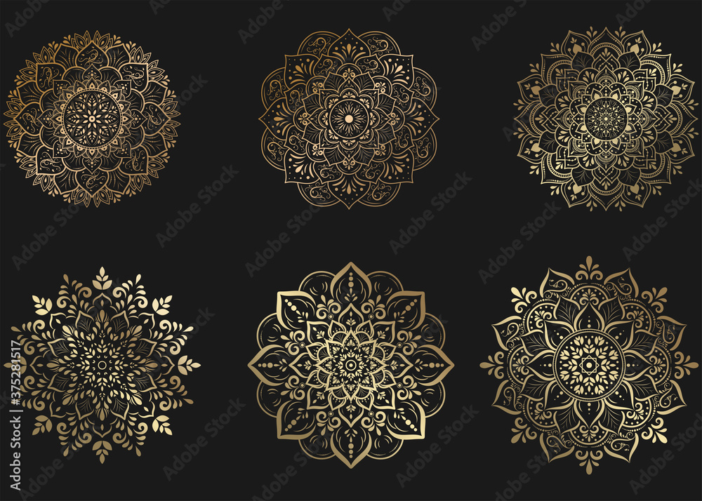 Wall mural Set of gold mandala with floral ornament pattern,Vector mandala relaxation patterns unique design with nature style, Hand drawn pattern,Mandala template for page decoration cards, book, logos