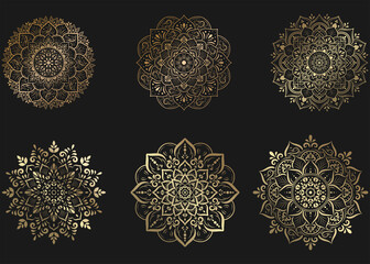 Set of gold mandala with floral ornament pattern,Vector mandala relaxation patterns unique design with nature style, Hand drawn pattern,Mandala template for page decoration cards, book, logos