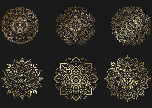 Set of gold mandala with floral ornament pattern,Vector mandala relaxation patterns unique design with nature style, Hand drawn pattern,Mandala template for page decoration cards, book, logos